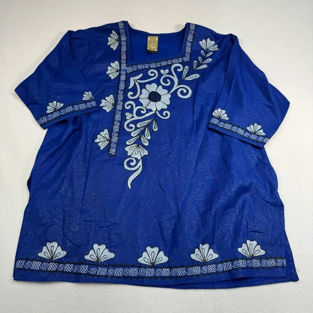 Meetu Magic Floral Embroidered Tunic Top Womens Os Blue 3/4 Sleeve